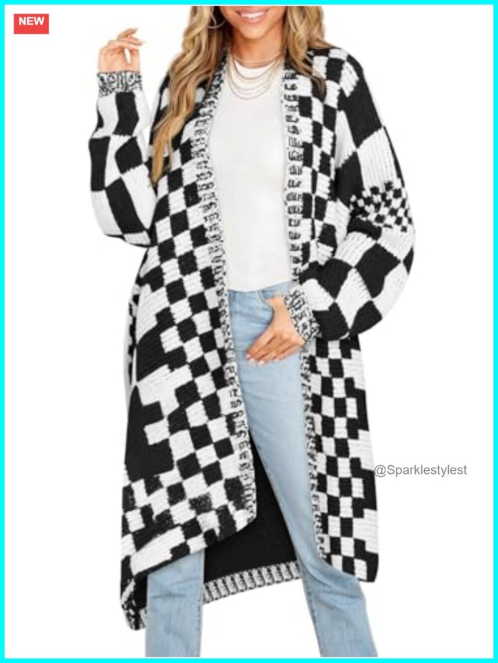 Oversized Checkered Knit Cardigan Long Batwing Sleeve Sweater Coat
